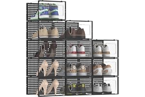 Fkprorjv Large Shoe Storage Box Organizer for Closet, 12 Pack Space Saving Versatile Clear Plastic Stackable Sneaker Shoe Rack Containers Bins Holders, Portable Closet Organizers and Storage, Black