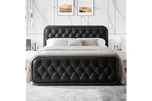 Einhomn Queen Size Metal Bed Frame with Button Tufted Leather Upholstered Headboard and Footboard, U-Shape Support Foundation, No Box Spring Required, Black