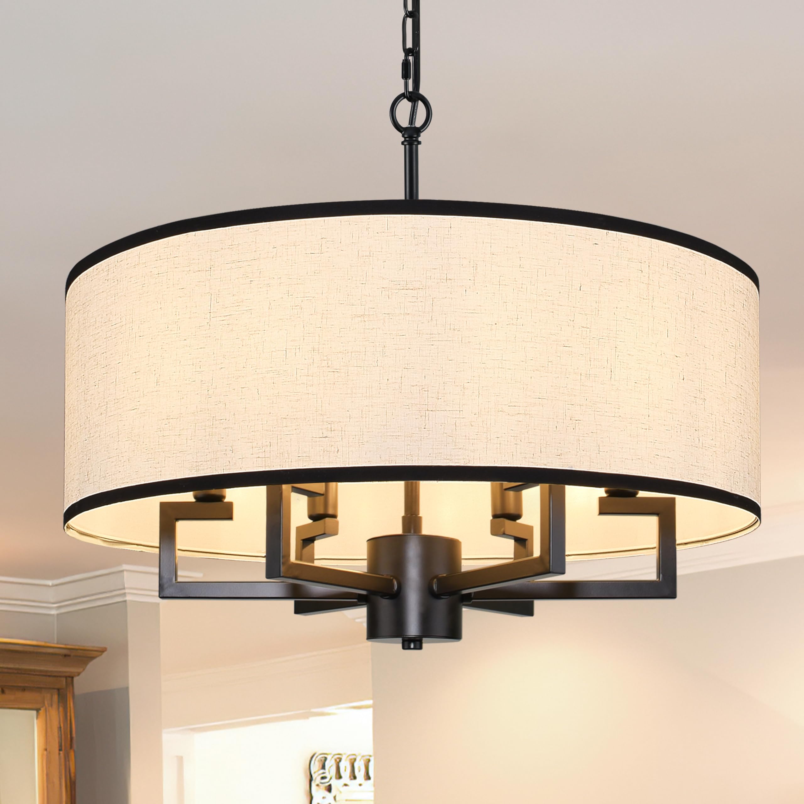 Photo 1 of Bagood 23.6" Modern Drum Chandelier White and Black Pendant Light Fixture Round Velvet Fabric Shade Drum Pendant Light 6 Lights Semi Flush Mount Hanging Ceiling Chandelier for Dining Room Bedroom