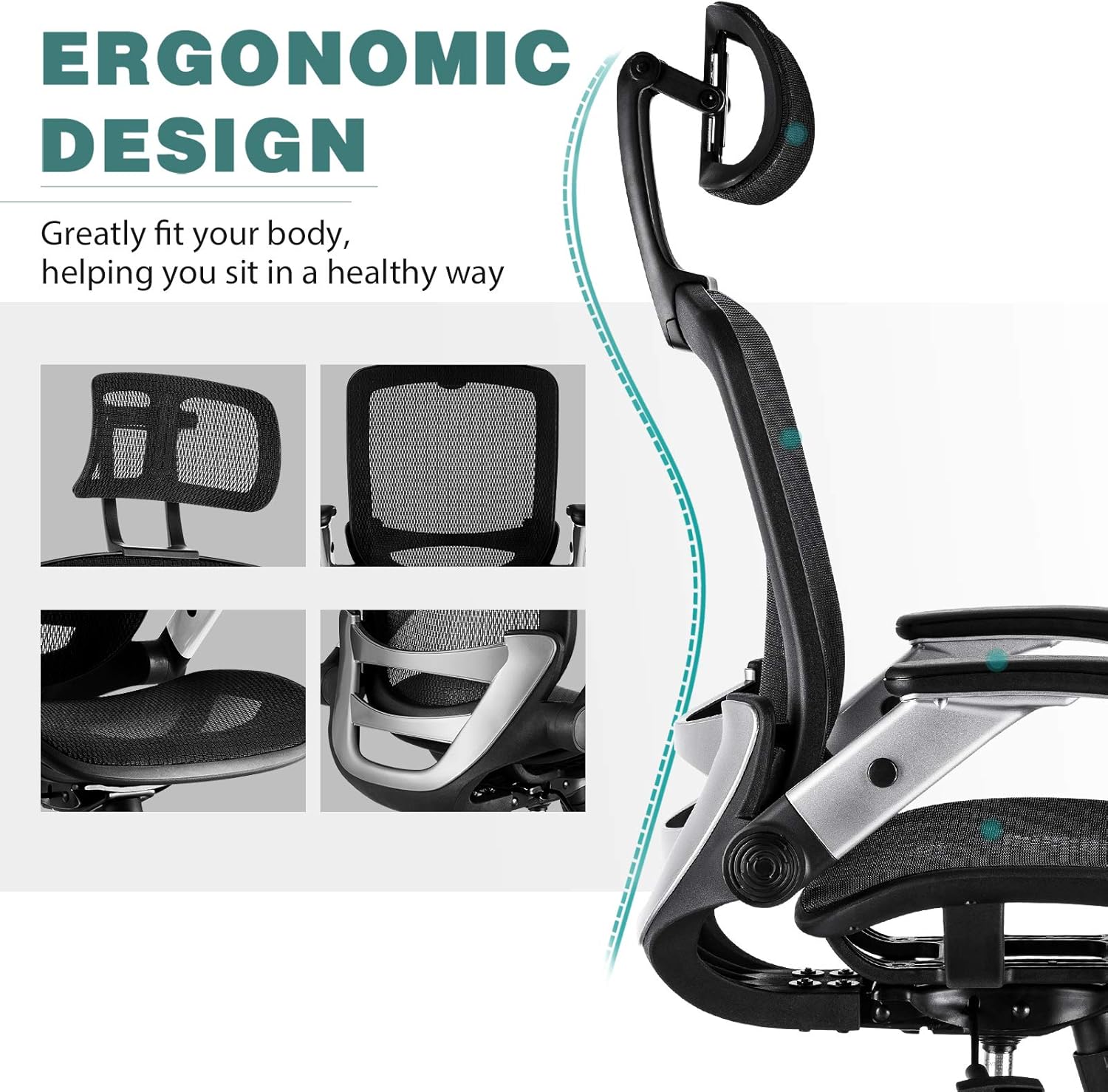 Gabrylly Ergonomic Mesh Office Chair, High Back Desk Chair - Adjustable Headrest with Flip-Up Arms, Tilt Function, Lumbar Support and PU Wheels, Swivel Computer Task Chair: Furniture & Decor