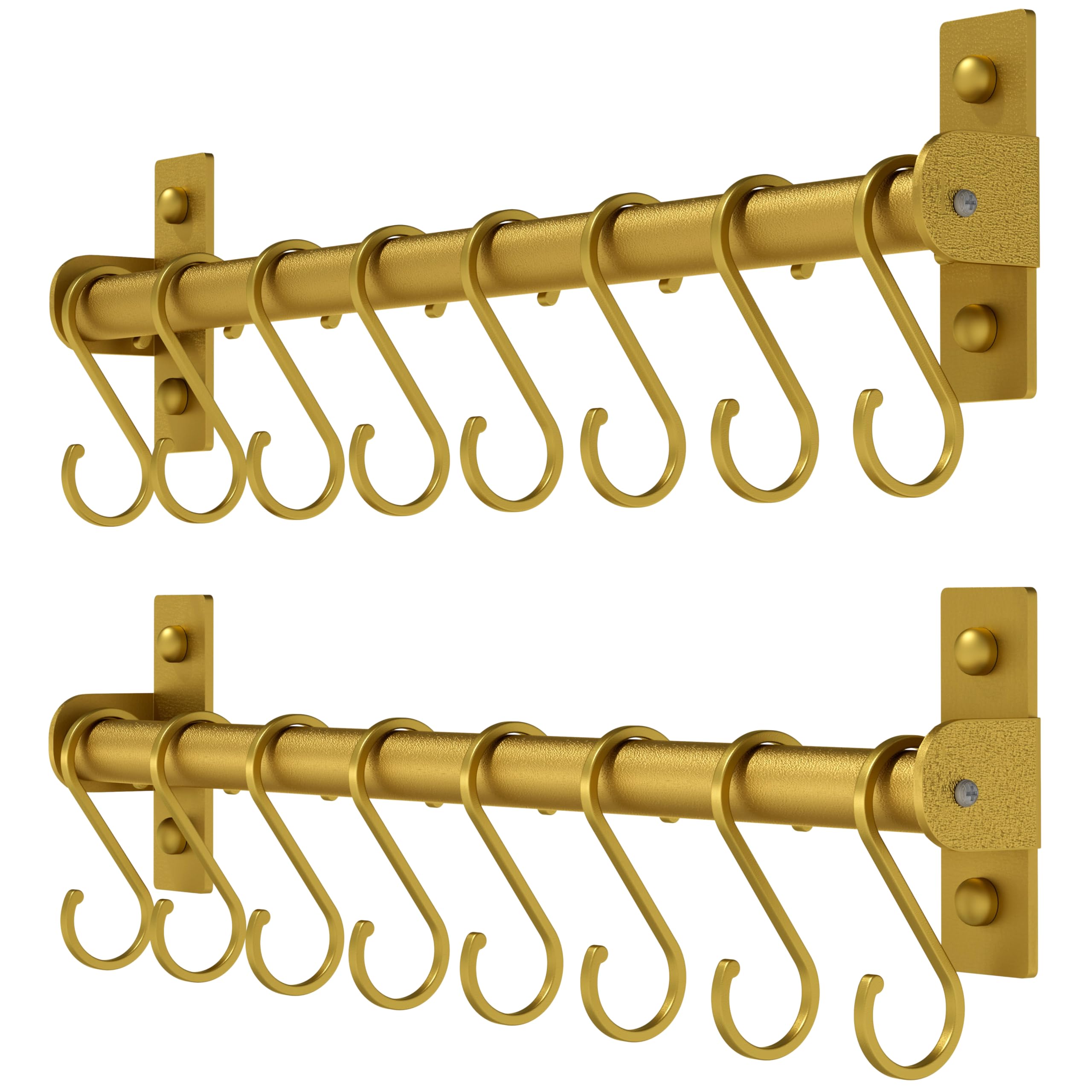 Dseap Kitchen Utensil Holder Hanger, Pot and Pan Rack Wall Mounted, Kitchen Rail with 8 Hooks for Hanging Cooking Utensils, Mugs, Spoons, Wall Mounted, Gold, Pack of 2