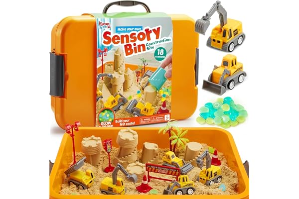 Klever Kits Construction Sensory Bin for Toddlers with Glow in The Dark Stones, Sandbox with Lid Magic Sand Castle Building k