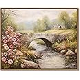 Gardenia Art Framed Country Landscape Wall Art Prints Mountain Bridge River with Blooming Flowers Wall Pictures Spring Scene Canvas Painting Nature View Artwork for Farmhouse Bedroom Home Wall Decor