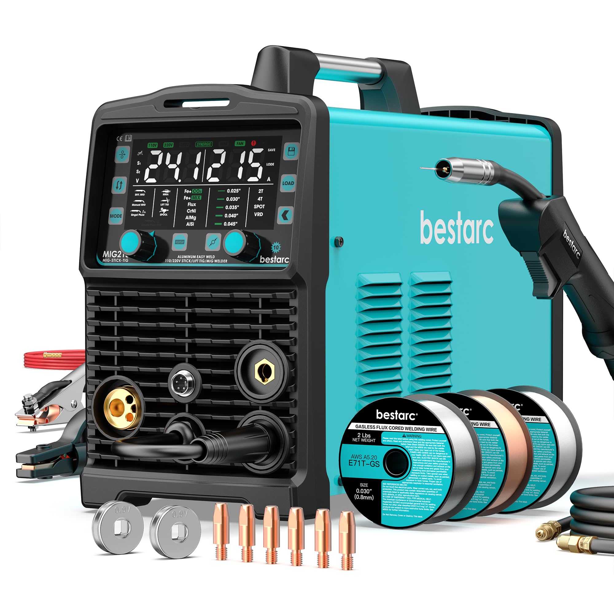 bestarc 215Amp MIG Welder, 110V 220V Gas MIG/Flux Core MIG/Stick/Lift TIG/Spool Gun/Spot Welding 7 IN 1 Aluminum Welding Machine, IGBT Multiprocess bestarc Welder with Synergy, Spool Gun Compatible Image