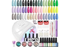 phoenixy Gel Nail Polish Kit with U V Light, 51 Pcs Pink Green Blue Black Yellow Pink Purple Grey White Nude Gel Nail Polish Set with 48W Nail Lamp Nail Kit Gifts for Women