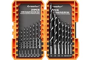 Crosstar M35 Cobalt Drill Bit Set - 21pcs 1/16"-1/2" Titanium Coated Self-Centering Metal Drill Bits for Hardened Steel, Stainless Steel, Cast Iron | Bullet Point Tip, High-Speed Jobber Bits