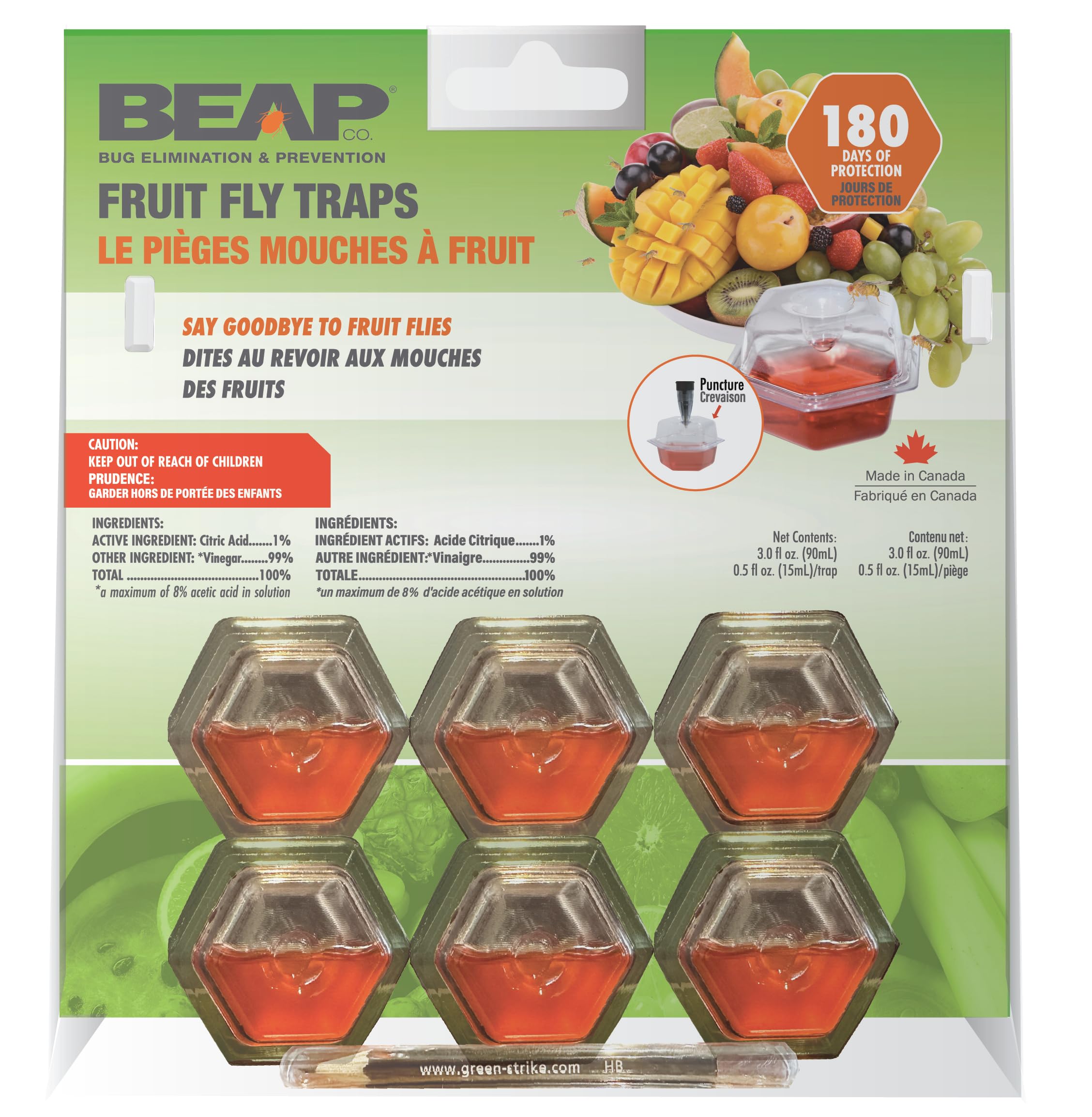 BEAPCO 10036 Red 6-Pack Premium Fruit Fly 6 Pre-Filled Trap Flies Indoors | Easy Effective and Safe to Use | Food-Based Lure/Bait Catcher
