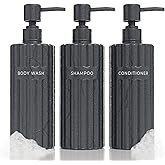 Stylish Shampoo and Conditioner Dispenser Set of 3 - Modern 19oz Shower Soap Bottles with Pump and Labels - Easy to Refill Body Wash Dispensers for an Instant Bathroom Decor Upgrade