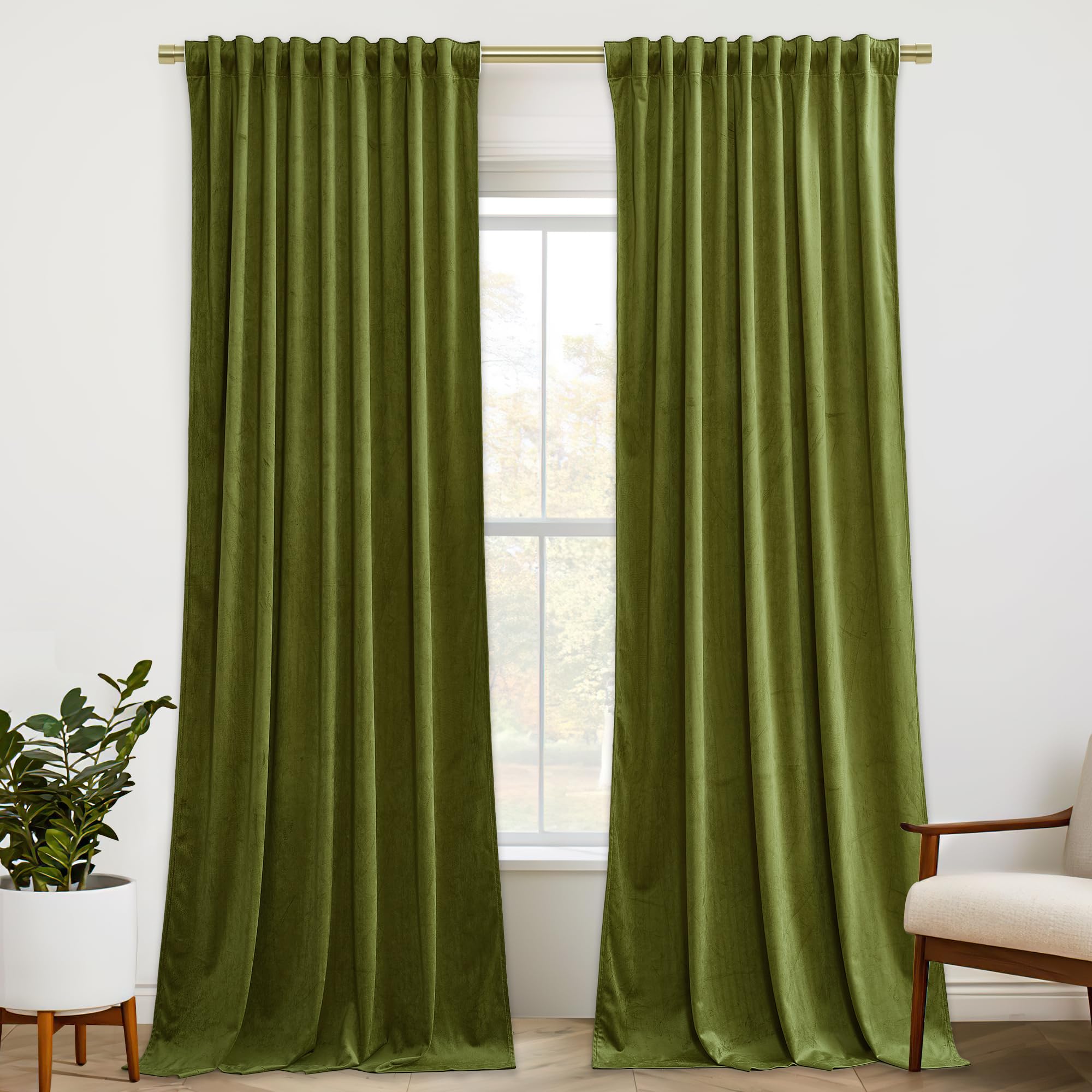 Photo 1 of StangH Olive Green Velvet Curtains 94 inches Long Back Tab Soft Thermal Insulated Room Darkening Window Drapes for Bedroom Living Room Christmas Decor, W52 x L94, 2 Panels
