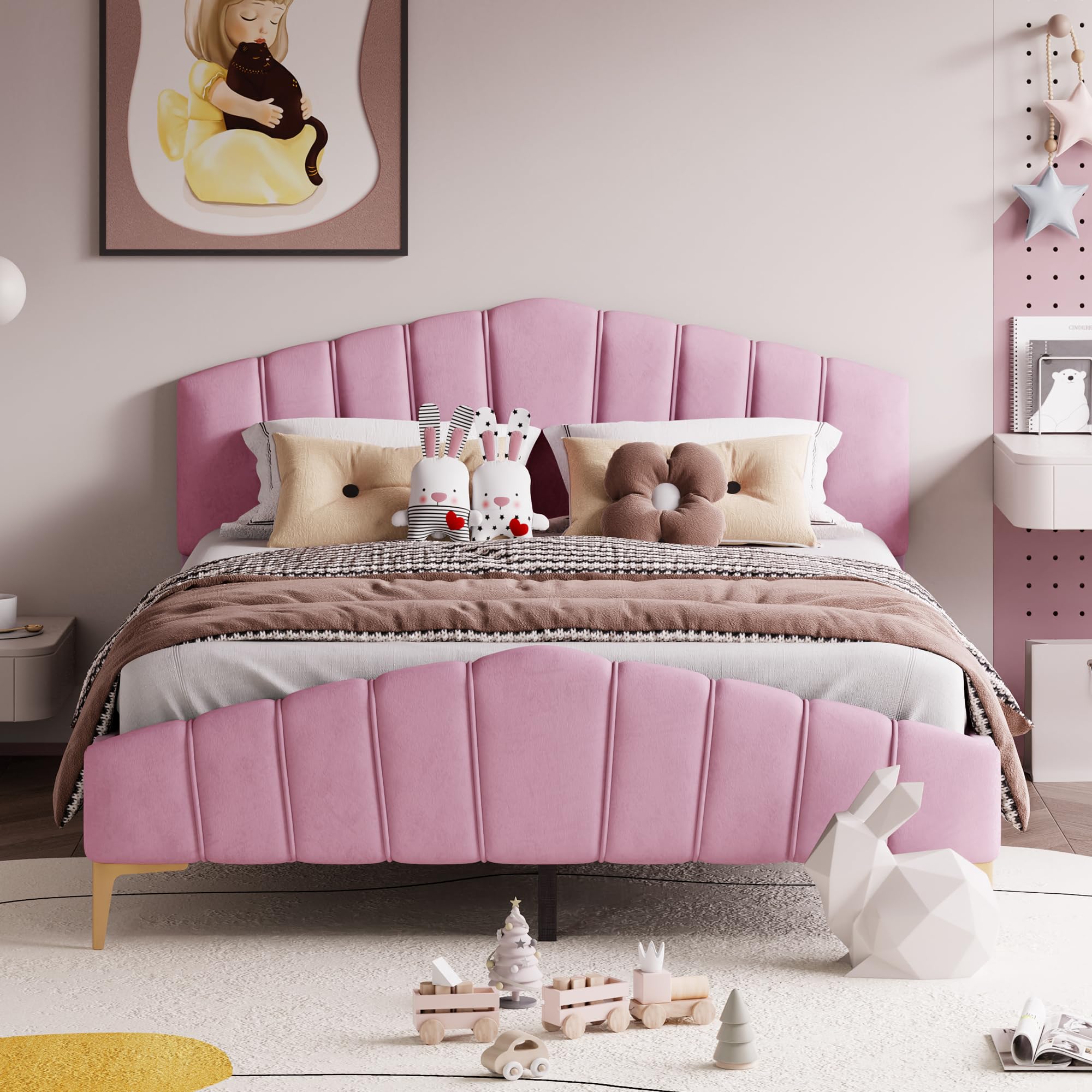 Merax Twin Size Velvet Upholstered Platform Bed, Wood Bed Frame with ...