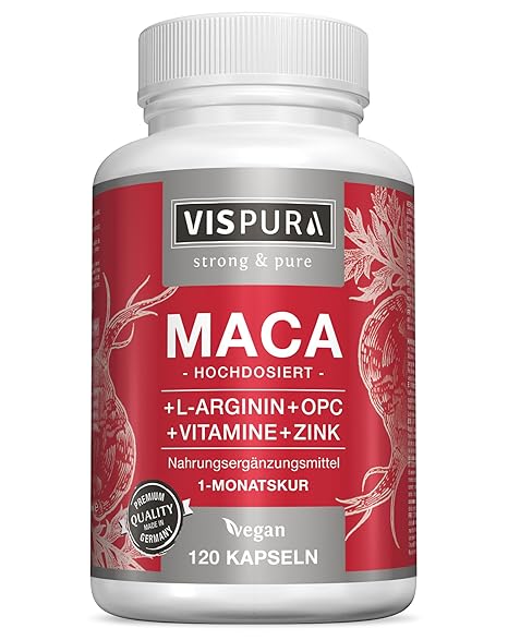 Maca Kapseln hochdosiert 5000mg + L-Arginin 1800mg + VITAL Formel B6, B12, OPC, Zink, 120 vegane Kapseln für je 1 Monat, deut