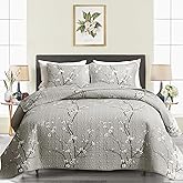 3 Piece Reversible Quilt Set Gray Branch with White Orange Floral King Size 102x88 Soft Microfiber Lightweight Coverlet Bedspread Summer Comforter Set Bed Cover for All Season (1 Quilt+ 2 Shams)