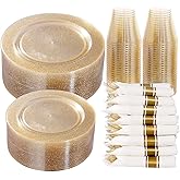 DaYammi 350Pcs Gold Glitter Dinnerware Set 50 Guest for Party Gold Plates Disposable - 50 Dinner Plate,50 Dessert Plate,50 Per Rolled Napkins with Gold Cutlery,50 Plastic Cups 9 OZ for Party Wedding