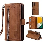 EYZUTAK Wallet Phone Case for Samsung Galaxy A16 4G/5G, Retro Matte 9 Card Holder Slots Zipper Pocket Handbag Case PU Leather Magnetic Closure Kickstand with Wrist Strap Flip Folio Purse Case - Brown