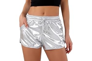 POSHDIVAH Metallic Shorts for Women Hot Sparkly Shiny Shorts with Elastic Drawstring