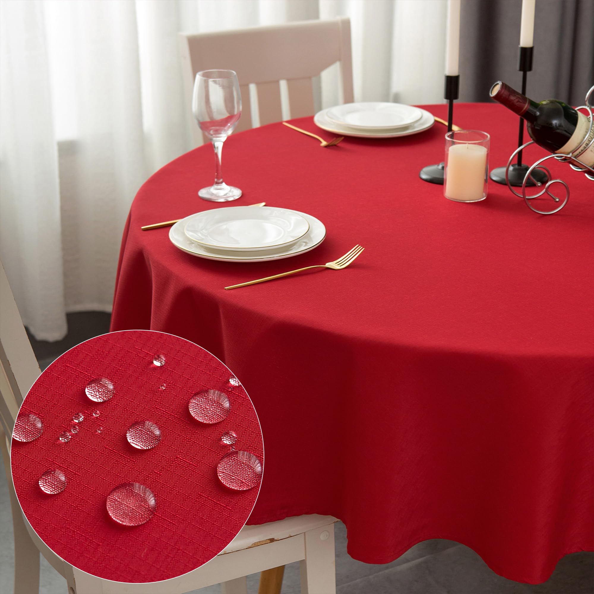 WELTRXE Round Table Cloth,120cm Diameter,Faux Linen Tablecloth,Water Resistant Spill Proof Wipeable Polyester Dining Table Cover for Cafe Restaurant Buffet Christmas Tabletop Decoration,Red — image 1