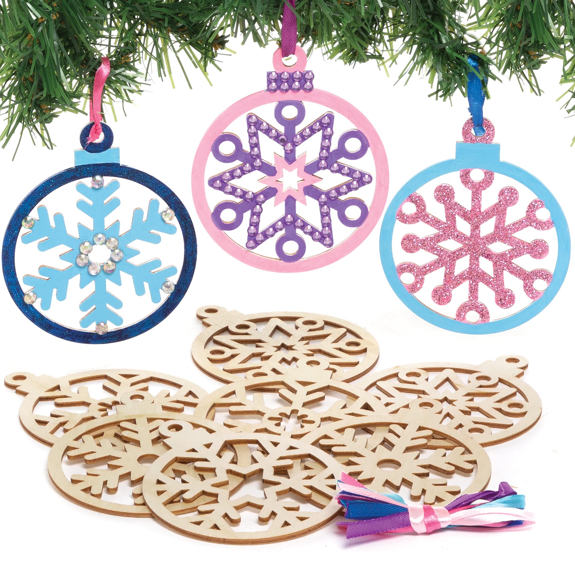 Baker Ross FE898 Snowflake Wooden Baubles Decorations - Pack of 10, Make Your Own Christmas Decorations, Wooden Crafts for Kids, Hanging Decorations for Christmas Trees
