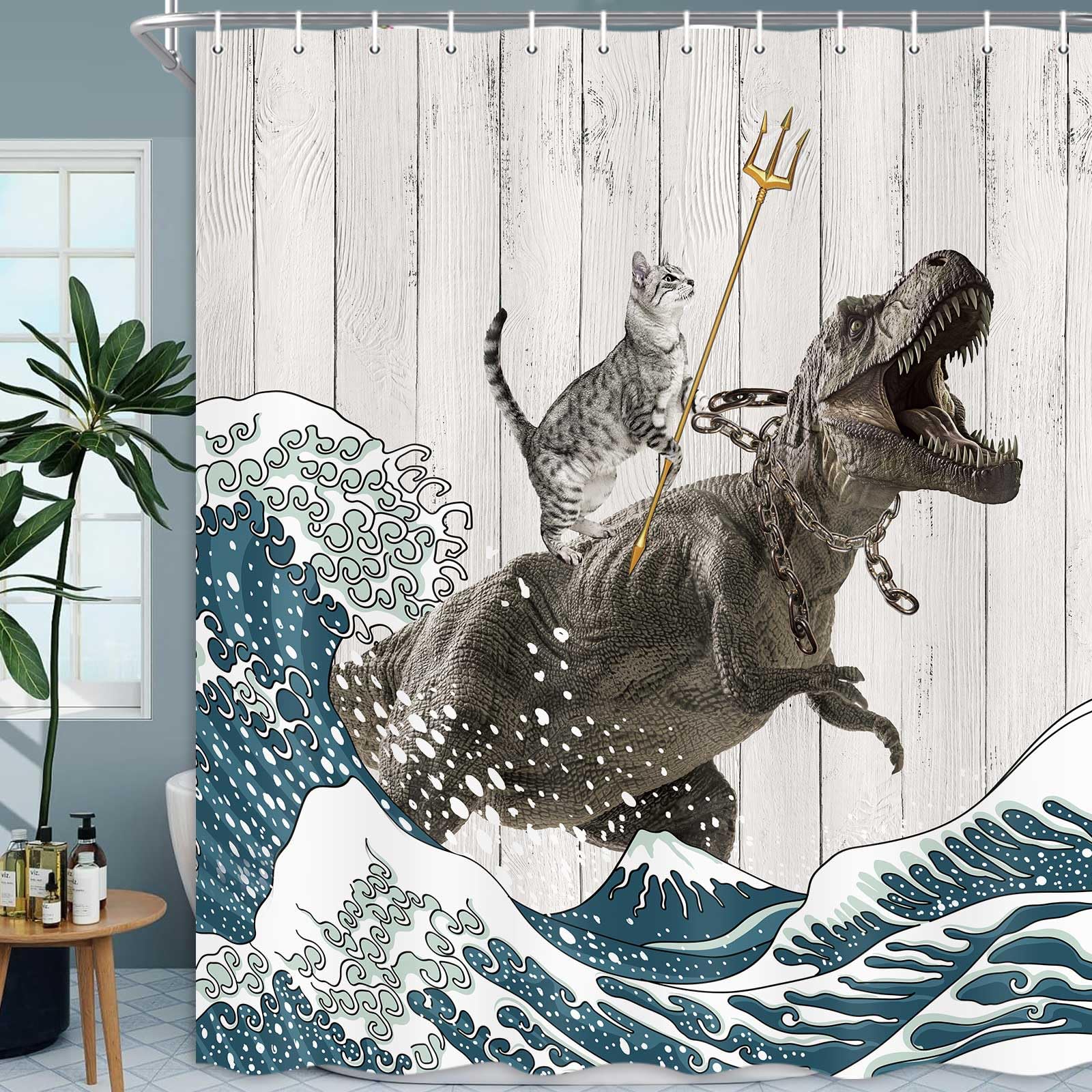 Funny Cat Shower Curtain, Cool Cat Dinosaur Japanese Ocean Wave Decor Fabric Bathroom Curtains, Kids Children Rustic Wooden Farmhouse Shower Curtain, 70X70 Inches
