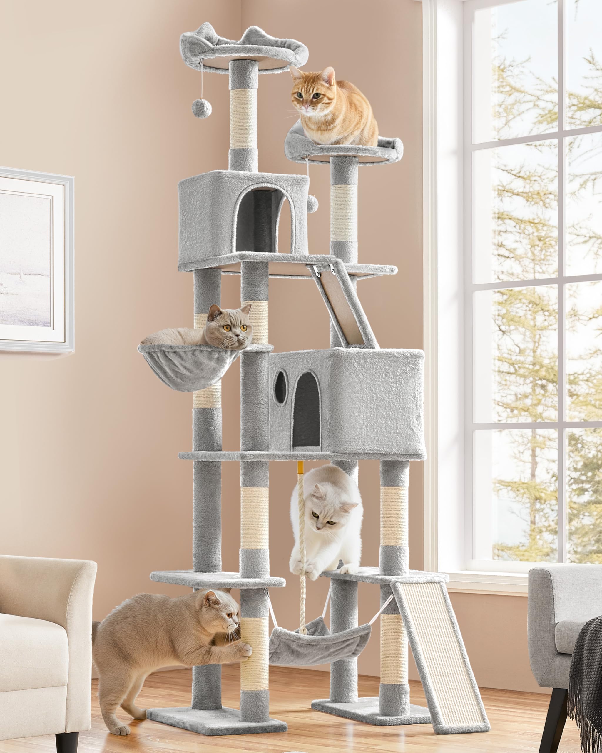 Yaheetech Cat Tree, 82.5in Large Tower w/Hammock, 2 Kitty-Ear Perches, 2 Cozy Condos, Scratching Posts, Basket, Furniture for Large Cats, Kittens, Light Gray Image