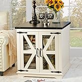 Beroxii Farmhouse End Table, 24" Large End Tables with Storage, Rustic Square Sofa Beside Table with Glass Barn Door, Wood Si