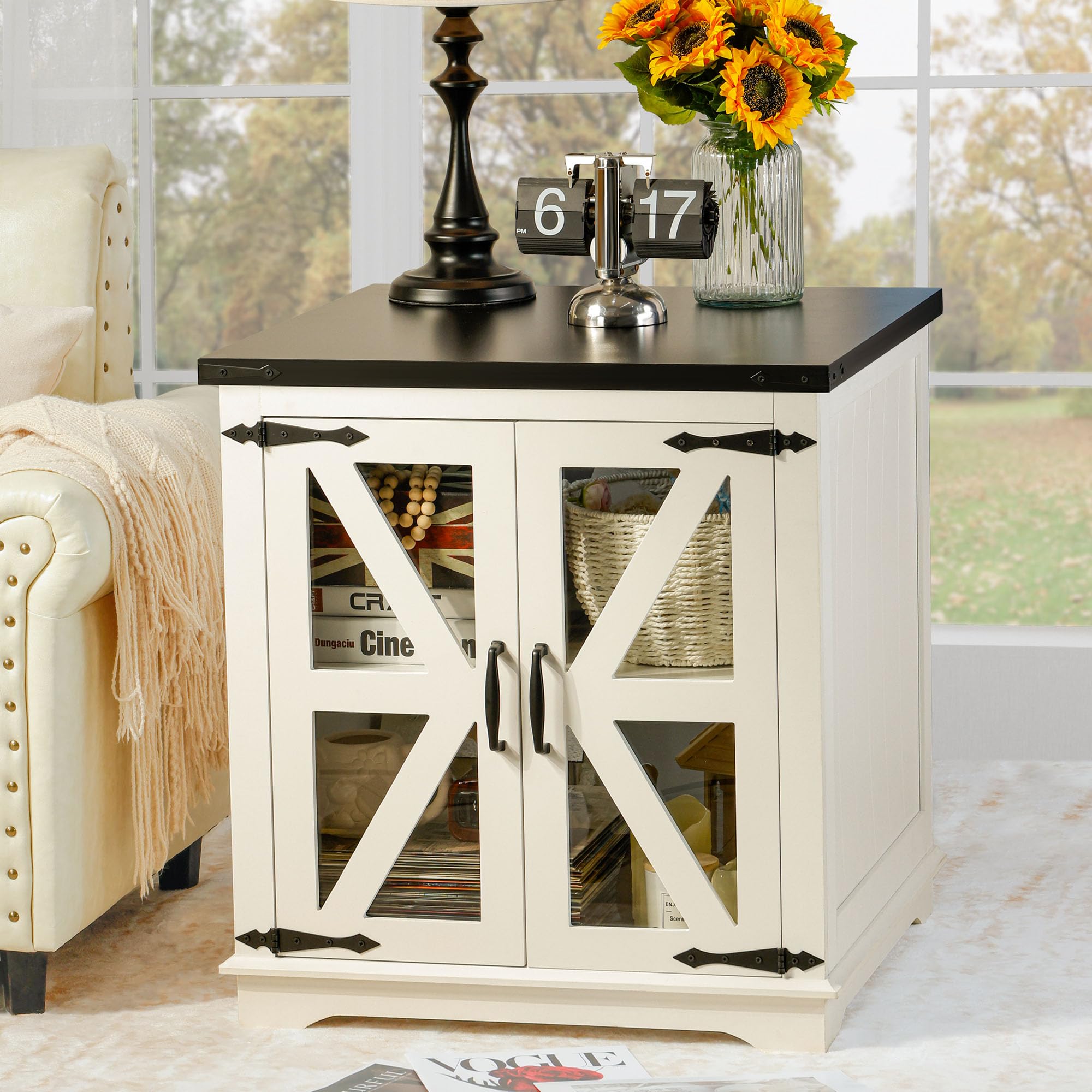 Photo 1 of (please see all images) BEROXII Farmhouse End Table, 24" Large End Tables with Storage, Rustic Square Sofa Beside Table with Glass Barn Door