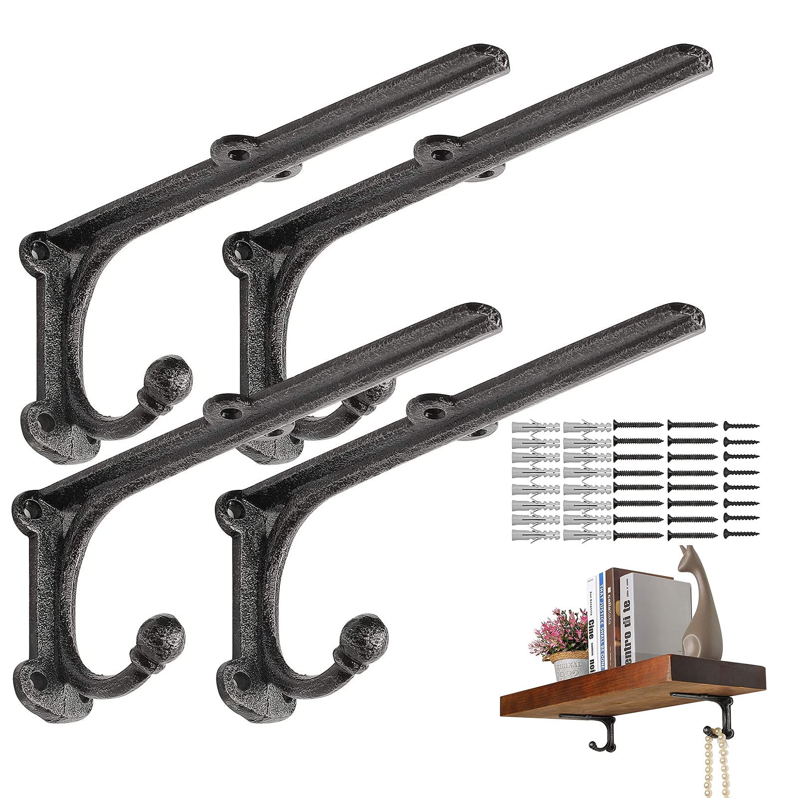 ChasBete 4 x Metal Shelf Brackets with Hooks, Sturdy Rustic Wall Shelf Brackets, Retro Square Shelf 20 x 8.5 cm — image 1