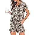 PrinStory Womens Pajamas Set Lounge Sets Short Sleeve Sleepwear Soft Pjs Shorts Set with Pockets