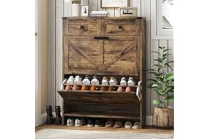 Halitaa Shoe Cabinet with 2 Flip Drawers & 2 Drawers,Farmhouse Shoe Storage Cabinet for Entryway,Slim Freestanding Narrow Organizer Rack for Front Door Entrance,Rustic Brown