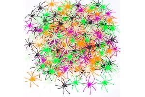 BAINFE 150PCS Plastic Spiders Halloween Small Plastic Spiders Fake Spiders Realistic Spider Toys Prank Props for Home and Party Decor, 2 x 1.8 Inches, Black, Green, Orange, Purple, Glow in The Dark Spiders