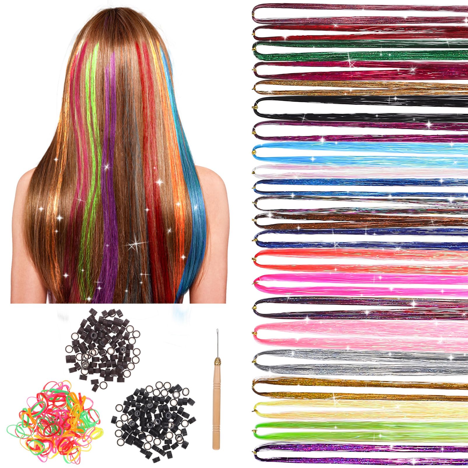 Healeved Hair Tinsel Kit - 22 Colors Glitter Hair Extensions with Styling Tools, Heat Resistant Hair Glitter Strands foR Girls Women Kids Christmas New Year - Festival Hair Accessories
