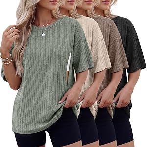 Huukeay 4 Pack Women's Nursing Shirts | for Breastfeeding, Short Sleeve, Oversized Tops, with Hidden Zipper, Maternity, Ribbe