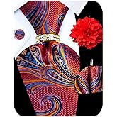 Kerfado 5PCS Mens Silk Designer Tie, Pocket Square, Cufflinks, Drilled Tie Ring and Lapel Pin Set for Wedding Groom Party