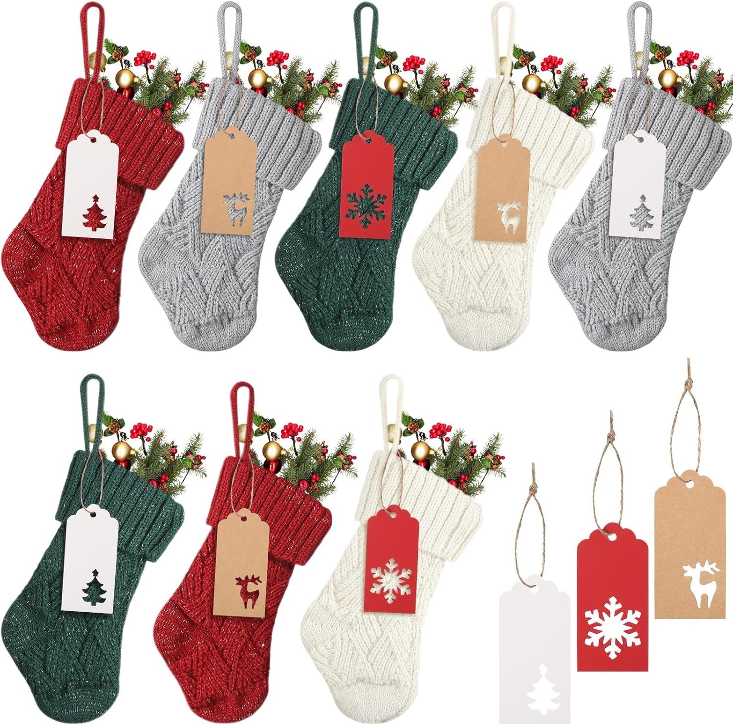 Stockings & Holders - Kathfly 8 Pack Christmas Stockings 7 Inch Mini Knit Christmas Stockings with Name Tags Hanging Christmas Decorations Cable Knitted Classic Xmas Party Decor for Family Holiday, 4 Colors