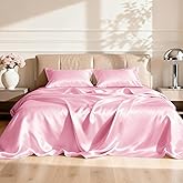 Love's cabin Satin Queen Sheets Set - 4 Piece Pink Silky Bed Sheets Set with Deep Pocket, Luxury Silk Feel Satin Queen Size Sheet Set (1 Flat Sheet, 1 Fitted Sheet, 2 Pillow Cases)