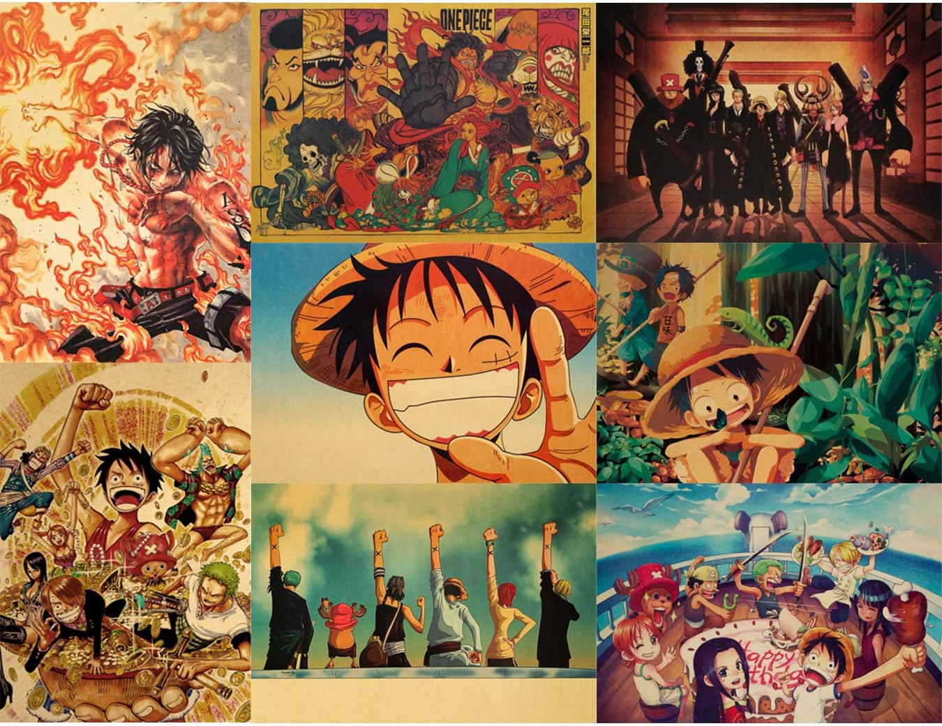 RINWUNS Poster, One Piece Wall Art Print, Monkey D. Luffy Anime Theme Pictures Decor for Bedroom, Home, Dorms, Office, Gift for Anime Fans, No Frame, Set of 8, 20" x 14" (OP-01)