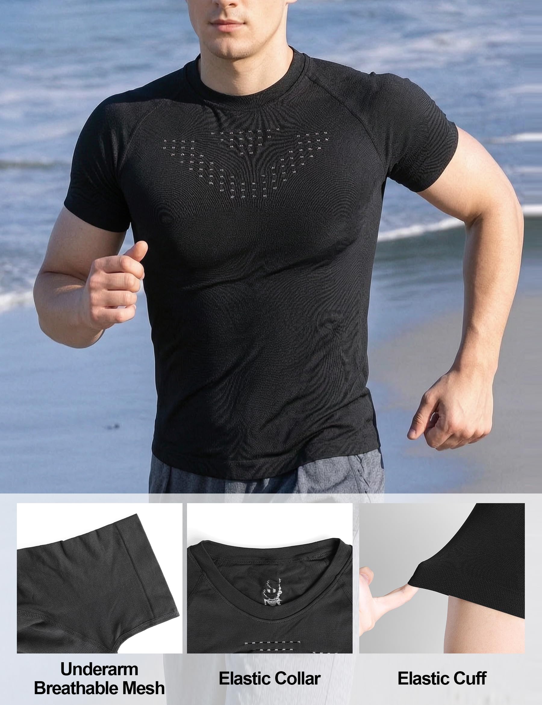 INBIKE Kompressionsshirt Herren Kurzarm Anti-Geruch Funktionsshirt für Fitness & Outdoor Atmungsaktiv Schnelltrocknendes Sportshirt Schwarz L-XL 2pcs 5