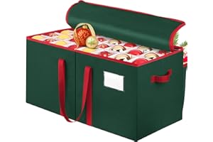SeasonBliss Christmas Ornament Storage Box, Holds Up to 128 Ornaments with Adjustable Dividers, Large & Sturdy Holiday Decoration Ornament Organizer Storage Bin with Zipper and Handles, Green