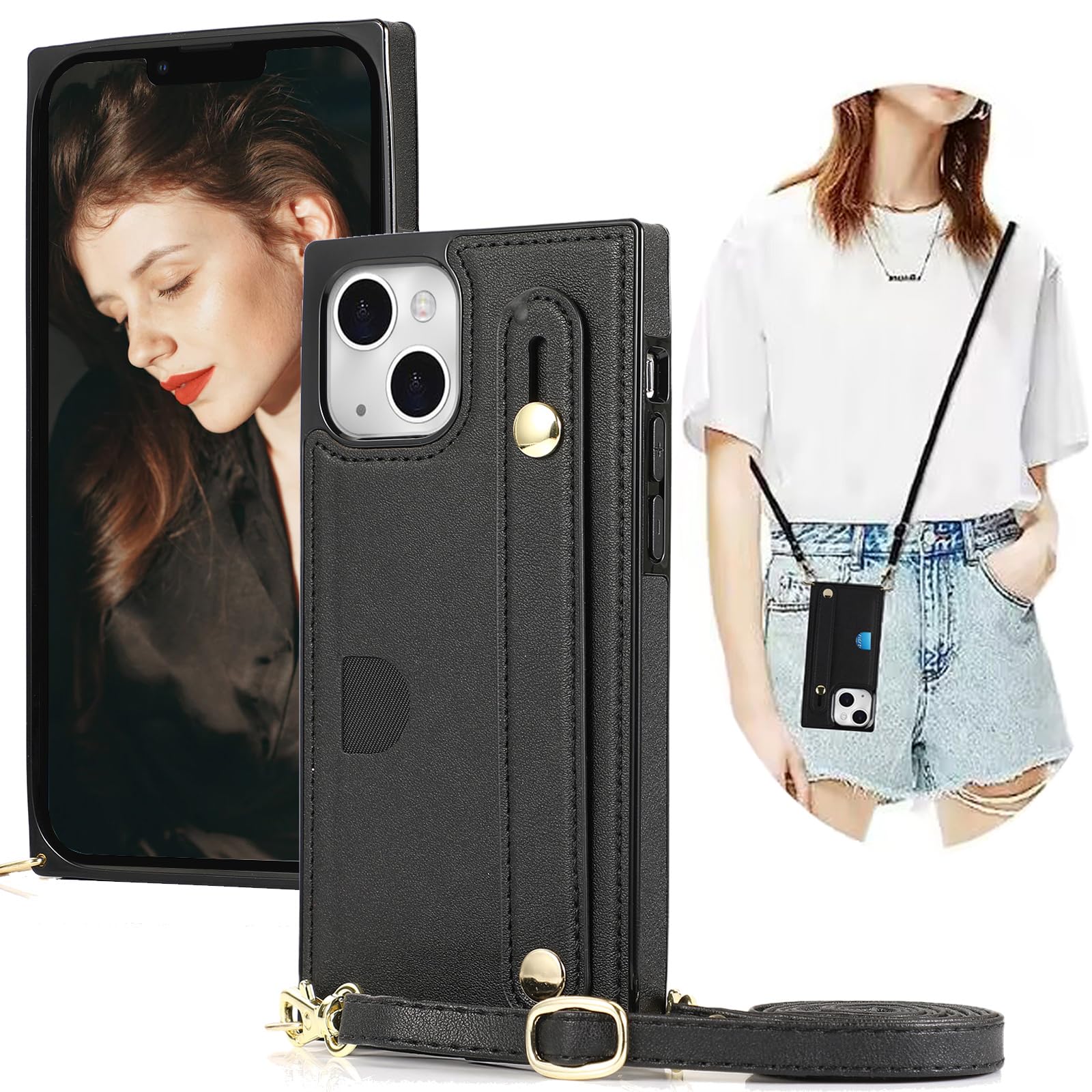 Ysnzaq Crossbody Case for Apple iPhone 15 Plus 6.7", Premium PU Leather Detachable with Card Holder Adjustable Neck Cord Lanyard Wallet Shockproof Case Cover for iPhone 15 Plus.ZY Black