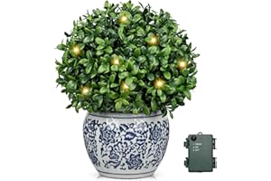 DILATATA Artificial Topiary Boxwood Ball in Blue and White Ceramic Pot, Lighted Artificial Boxwood in Planters 9 Inch Decorative Fake Greenery for Table Centerpiece Indoor Plant Home Decor - Small