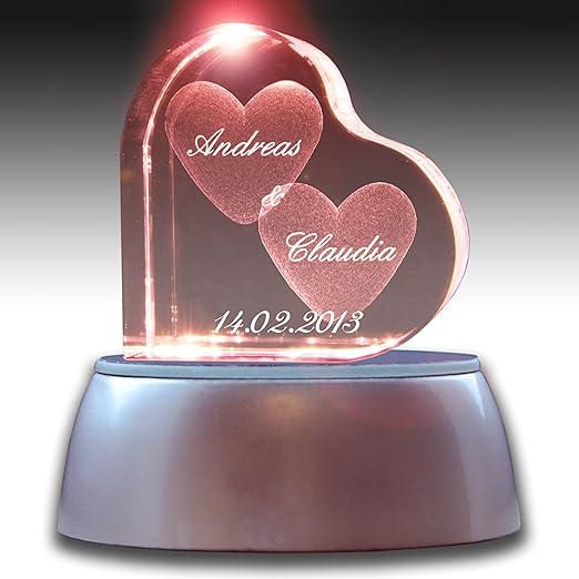 Stimmungslicht LED Valentinstags Special | Herzform mit deiner Wunschgravur | GRATIS Leuchtsockel wechselnde Farben