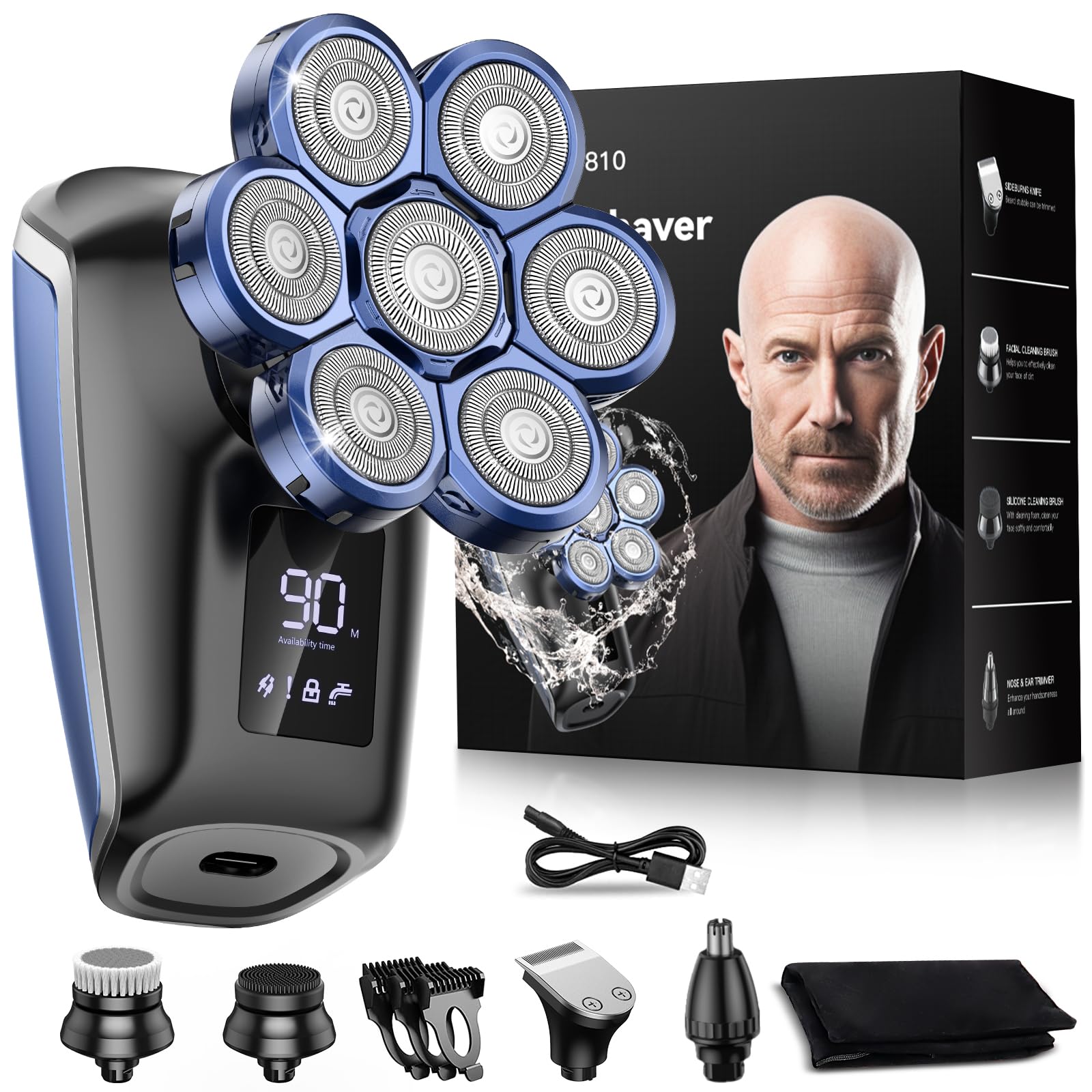 Photo 1 of Head Shavers for Bald Men, Uythumidid 7D Wet/Dry Waterproof Head Shaver, USB &Type-C Rechargeable 7-in-1 Electric Razor Grooming Kit, Mens Rotary Shaver for Best Gift, Cordless (Blue)