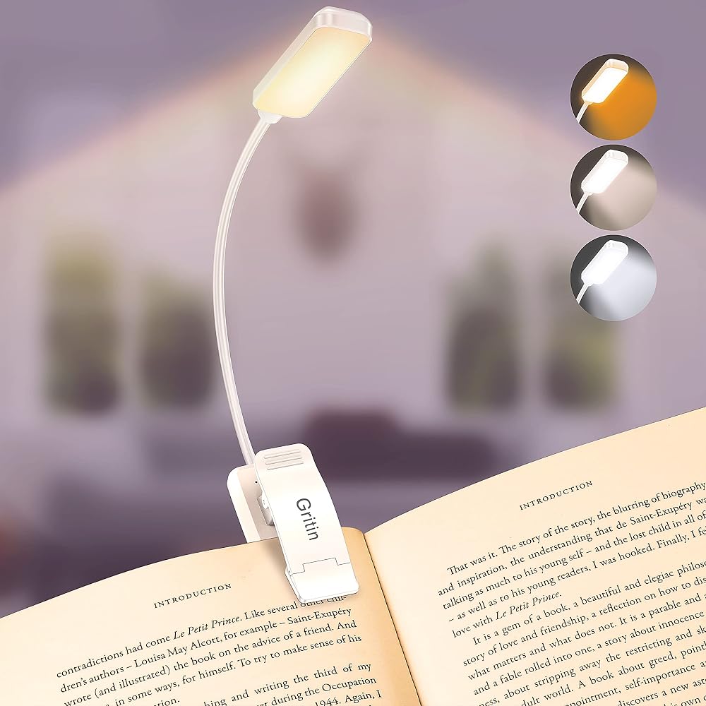 Gritin 9 LED Clip On Book Light Warm Cool White 3 Modes Rechargeable