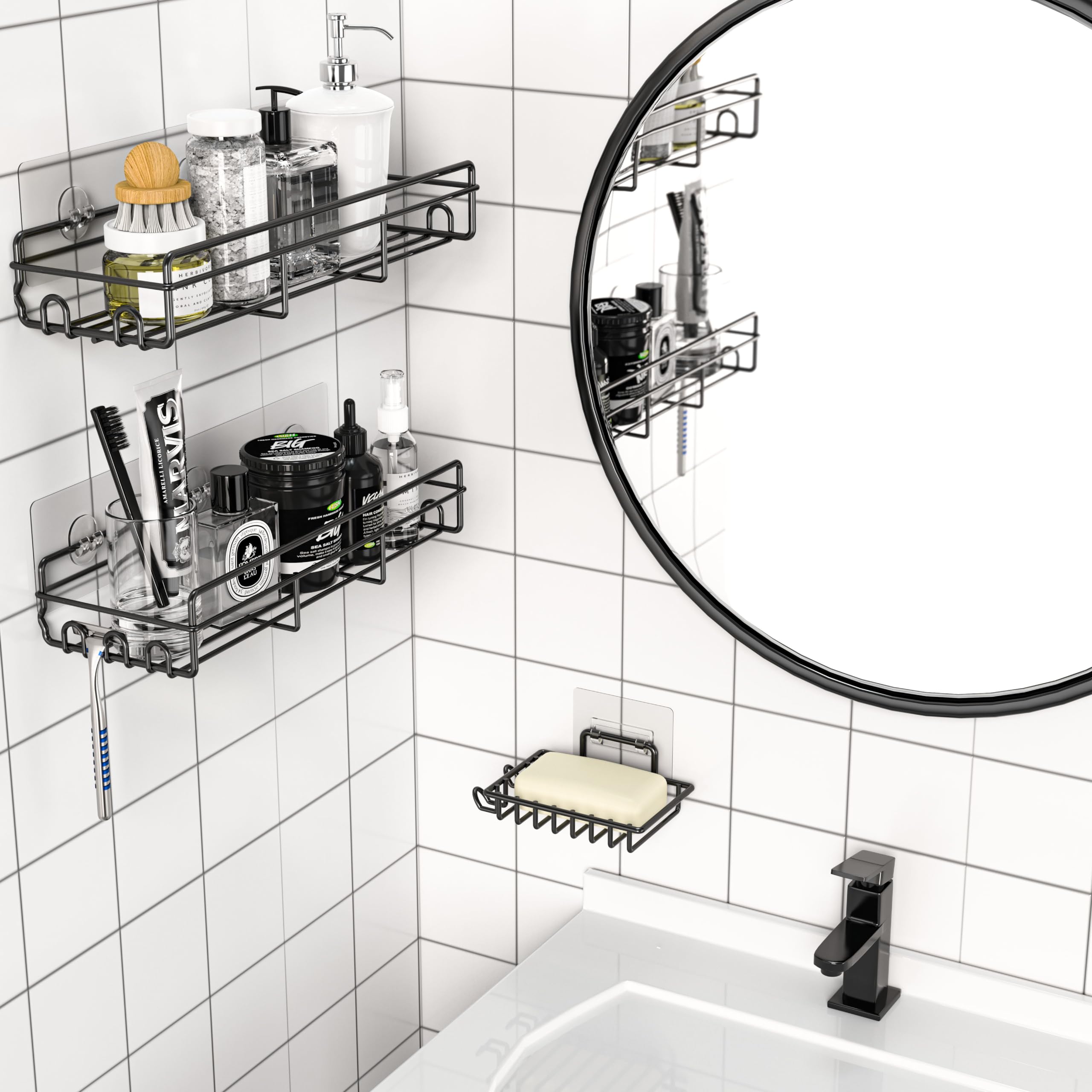 Moforoco 3-Pack Shower Caddy Basket Shelf with Soap Holder, No Drilling Traceless Adhesive Shower Wall Shelves, Rustproof Black Bathroom Shower Storage Organizer