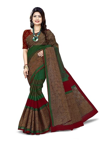 Womens Pure Cotton Printed Saree with Blouse Piece (SKR5648, Green-Brown)