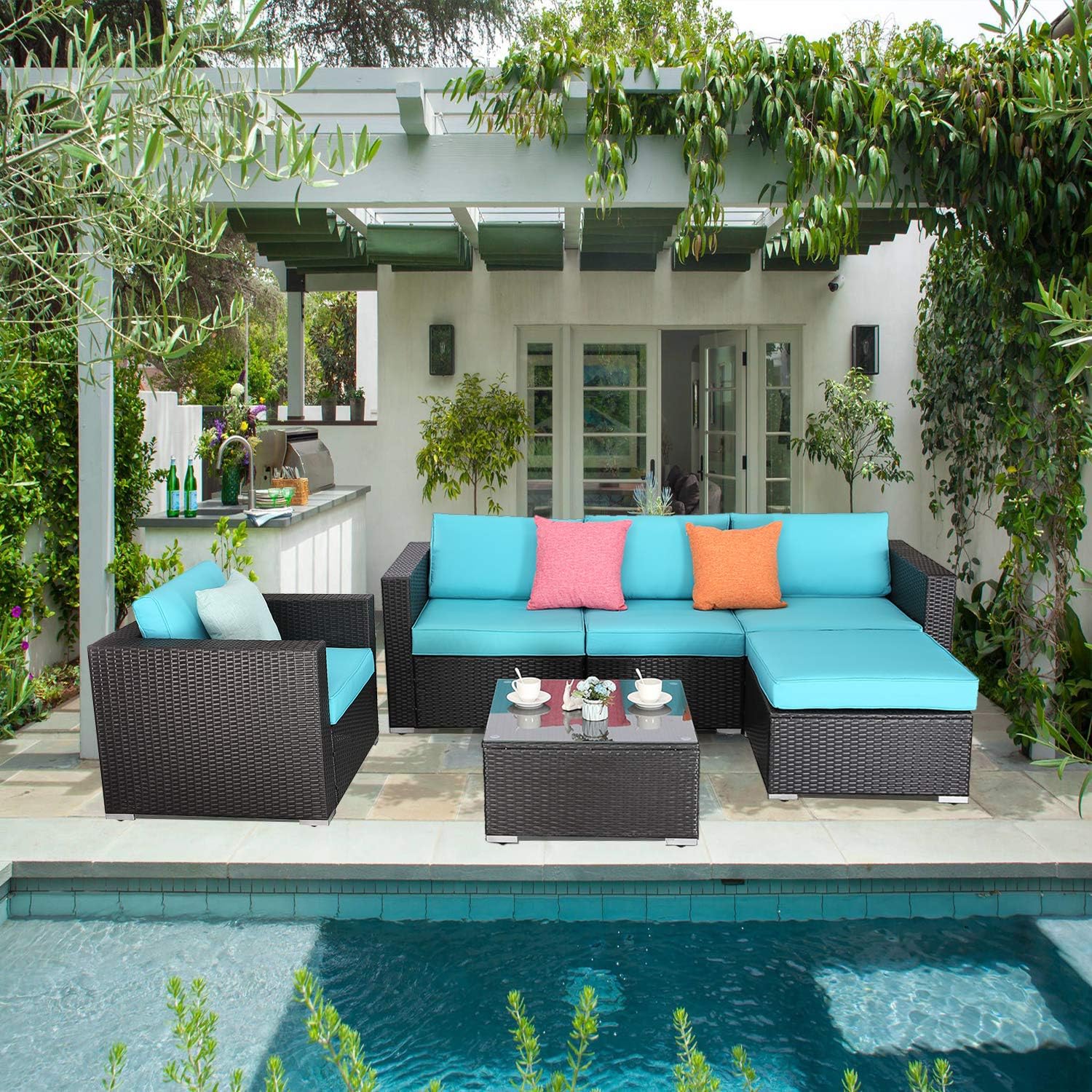 Furnimy 6 PCS Patio Furniture Sets Sofa Sectional Furniture Rattan Wicker Conversation Sets Backyard Porch Lawn Garden Balcony Furniture Set with Tea Table and Cushions (Turquoise)