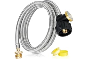 Aekops 6 FT Propane Hose Adapter 1lb to 20lb Converter with Gauge, Stainless Steel Braided Buddy Heater Propane Hose Compatible with Portable Heaters, Tabletop Griddle, Coleman Stoves, Weber Q Grills