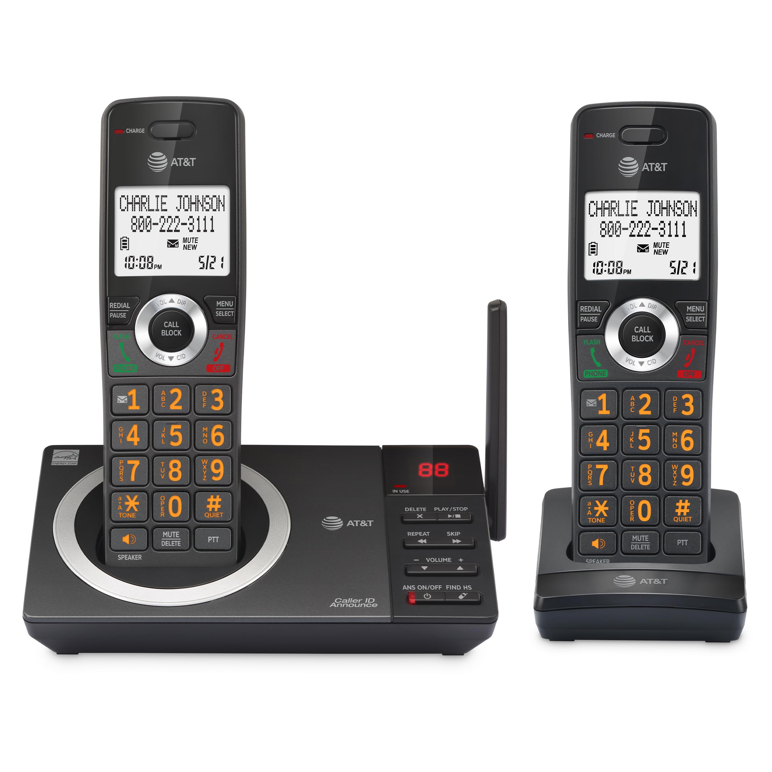 AT&T 2-Handset Expandable DECT 6.0 Cordless Home Phone with Large Display, Big Buttons, Answering Machine, Smart Call Blocker, Long Range, Caller ID, Speakerphone, Intercom: CL82218 (Charcoal Black)