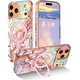 Lamcase for iPhone 17 Pro Case with Magnetic Invisible Ring Stand [Compatible with MagSafe], Full Body Rugged Slim Women Men Girl Shockproof Marble Pattern Design Case, Rose Gold