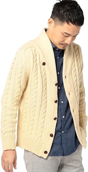 Amazon インバーアラン レニー シェットランド クラシックヘビーニードル ショールカラーカーディガン メンズ ナチュラル 40 カーディガン 通販