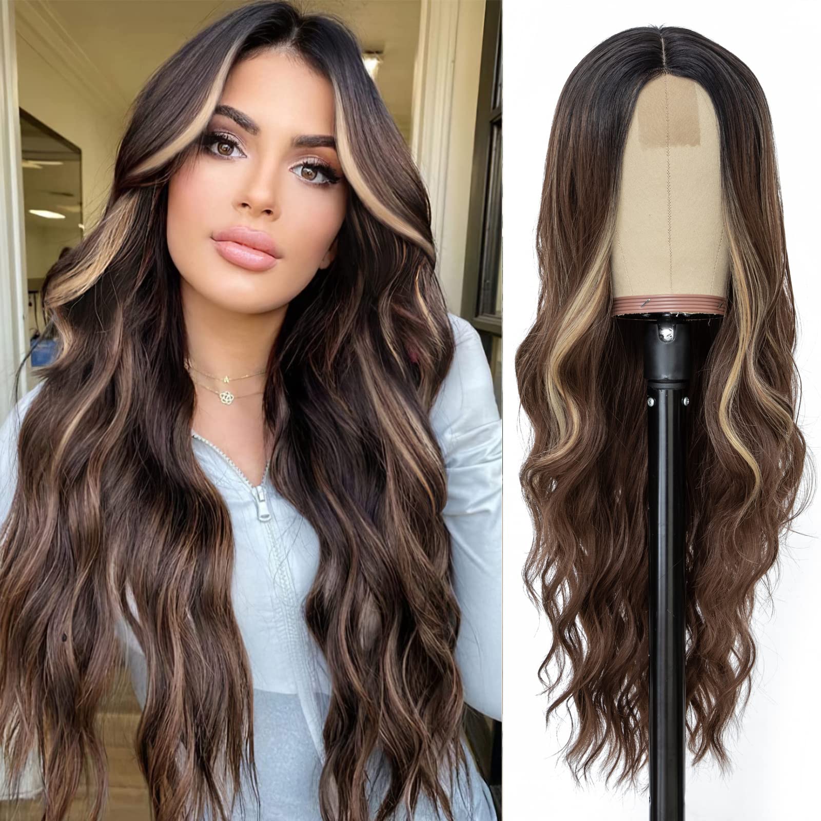 Photo 1 of NAYOO Long Brown Mixed Blonde Wavy Wig for Women 26 Inch Middle Part Curly Wavy Wig Natural Looking Synthetic Heat Resistant Fiber Wig for Daily Party Use (Brown Mixed Blonde)